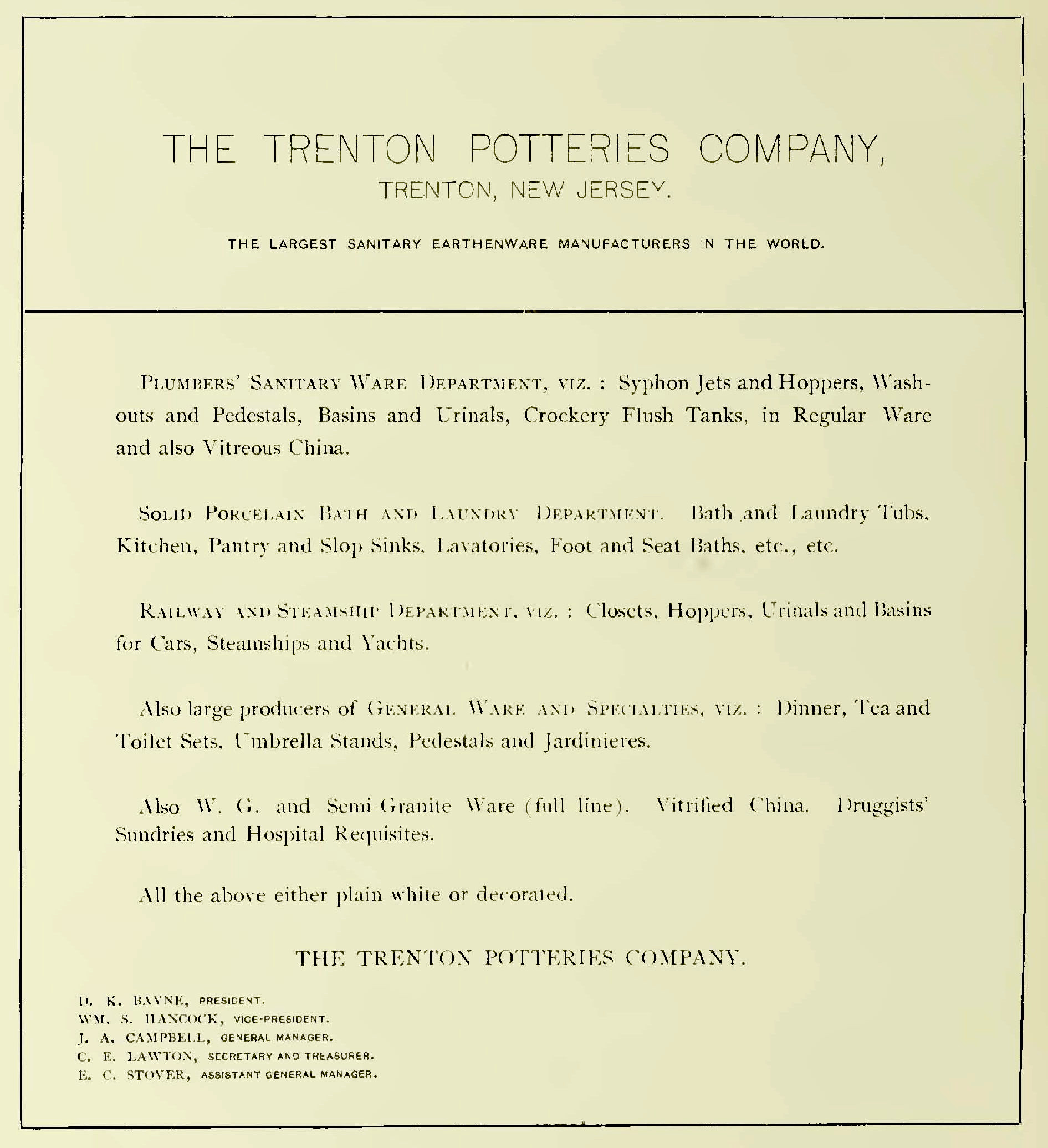 Trenton Potteries Company advertisement listing the different products they manufactured.  Trenton Board of Trade, Industrial Trenton and Vicinity. 1900